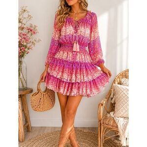 LoveShackFancy Silk Ruffle Mini Dress Small Pink Purple Boho Fairy Cottagecore